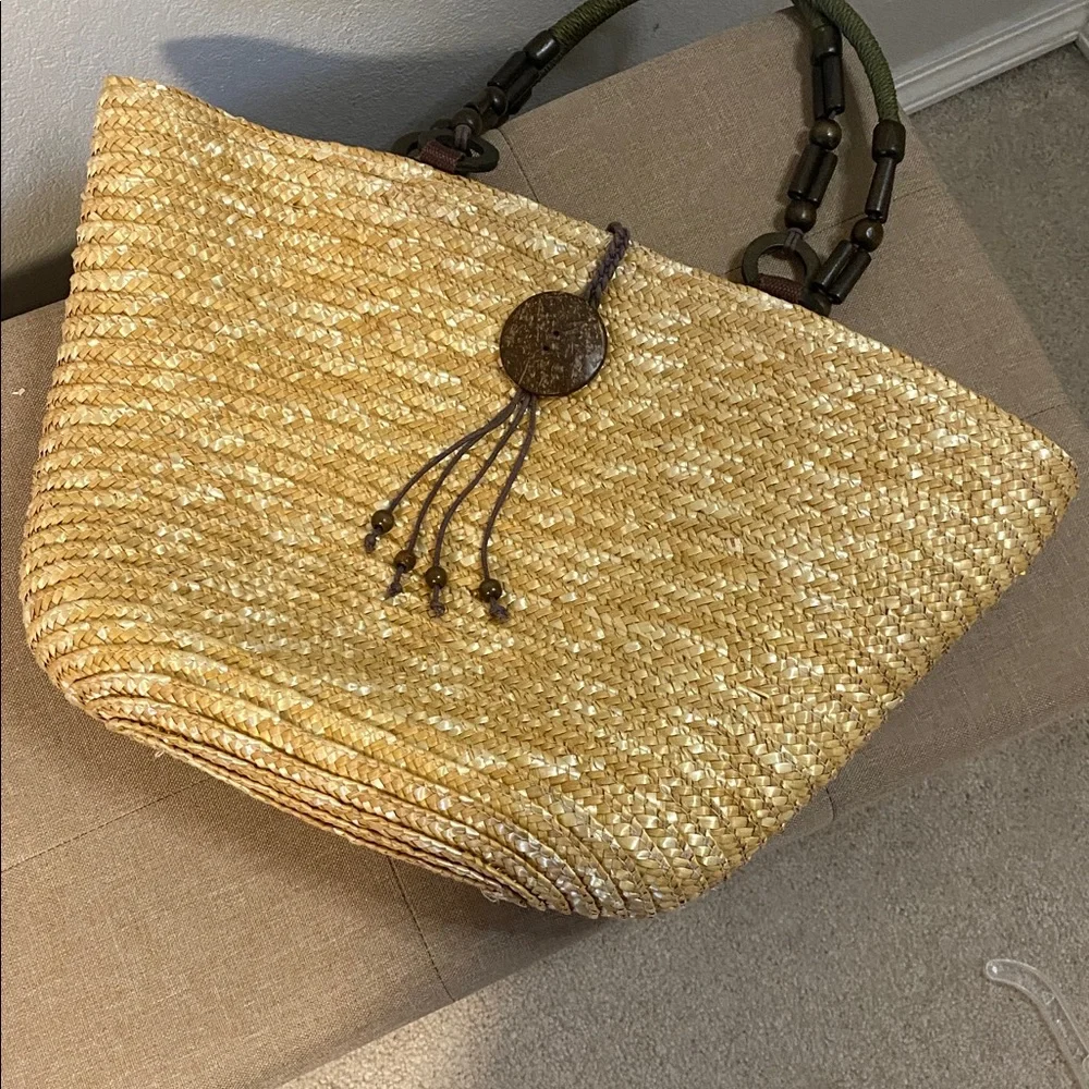 White Stag Natural Straw Tote with Wood Accents & Snap Top Closure - Picture 7 of 8